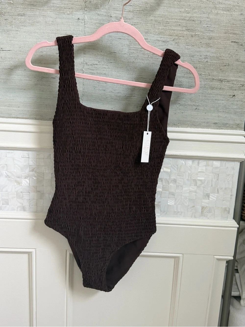 NWT new small free people citrine Jenni smocked swimsuit one piece smocked brown